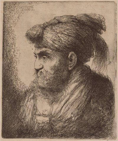 Man met Baard en Kwastige Hoofdbedekking, Naar Links Gekeerd door Giovanni Benedetto Castiglione