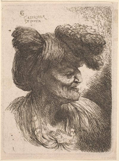 Oude man met een tulband versierd met bont, naar rechts gericht door Giovanni Benedetto Castiglione