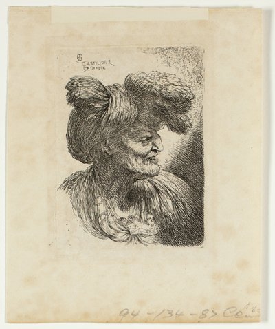 Oude Man met een Tulband Versierd met Bont, Rechts Kijken, uit Kleine Studies van Hoofden in Oosterse Hoofdbedekking door Giovanni Benedetto Castiglione