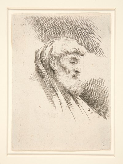 Oude man met lange baard, in profiel, naar rechts gekeerd (uit de serie Les petites tetes) door Giovanni Benedetto Castiglione