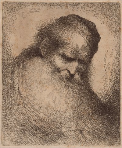 Oude man met een lange baard en schedelmuts, voorover leunend door Giovanni Benedetto Castiglione