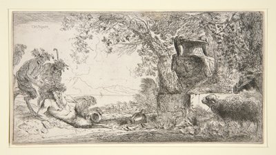 Pan Zittend Tegenover een Vaas door Giovanni Benedetto Castiglione