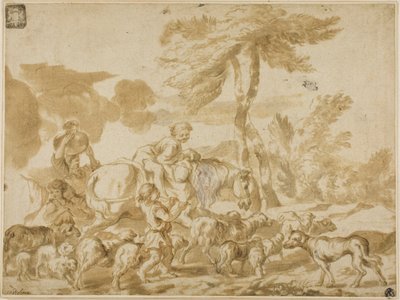 Boerenfamilie met schapen en hond door Giovanni Benedetto Castiglione