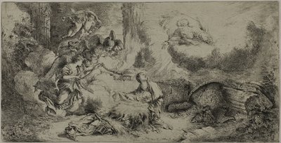 De geboorte van Christus met God de Vader en engelen door Giovanni Benedetto Castiglione