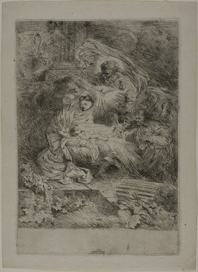 De geboorte met God de Vader en engelen door Giovanni Benedetto Castiglione