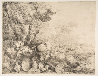 Twee herders, een ezel en andere dieren in een landschap, ca. 1638-1640 door Giovanni Benedetto Castiglione