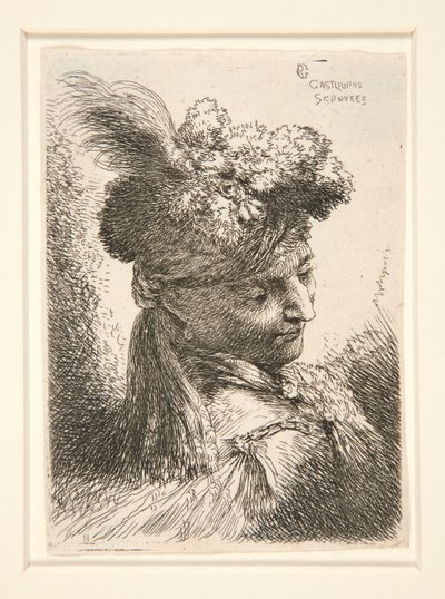 Jonge Man zonder Baard, gezien in 3/4 aanzicht, naar rechts gedraaid, naar beneden kijkend, uit de serie Les petites têtes door Giovanni Benedetto Castiglione