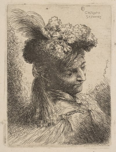 Jonge man met bont hoofddeksel met een pluim, juweel door Giovanni Benedetto Castiglione