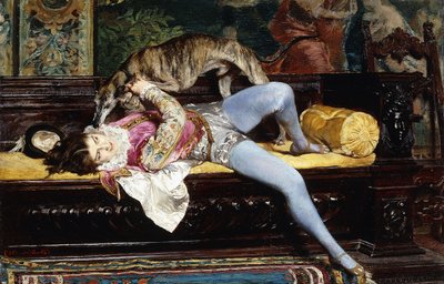 Een jonge page, spelend met een windhond; Un Jeune Page, Jouant avec un Levrier, 1869 door Giovanni Boldini
