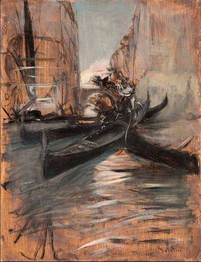 Uitzicht op een kanaal in Venetië met gondels door Giovanni Boldini
