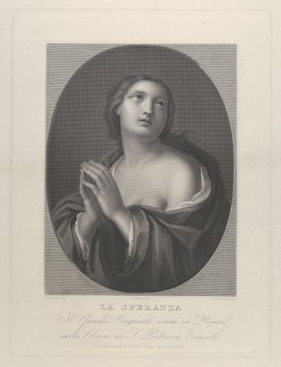 Vrouwelijke personificatie van Hoop die omhoog kijkt met samengevouwen handen, ca. 1835-81 door Giovanni Buonafede