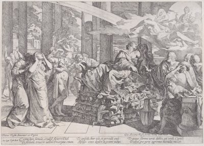 De Zelfmoord van Dido die op een brandstapel ligt in het midden, omringd door vele figuren, 1650-55 door Giovanni Cesare Testa