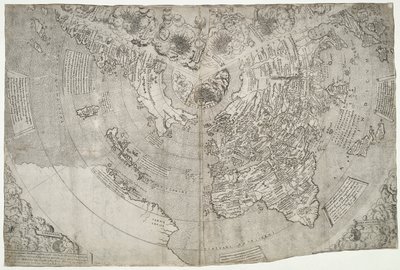 Wereldkaart, Mundu [sic] spericum...cognosces diligentia joani mathei Contareni.., door Contarini, Giovanni en Francesco Rosselli door Giovanni Contarini