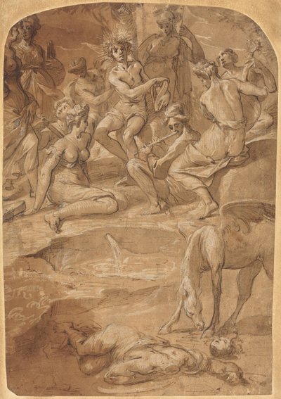 Apollo en de Muzen op de berg Parnassus, ca. 1640 (pen en inkt) door Giovanni Cristoforo Storer