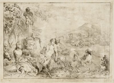 Landschap met een Satyr Familie en Klassieke Beeldhouwwerken door Giovanni David after Giovanni Benedetto Castiglione