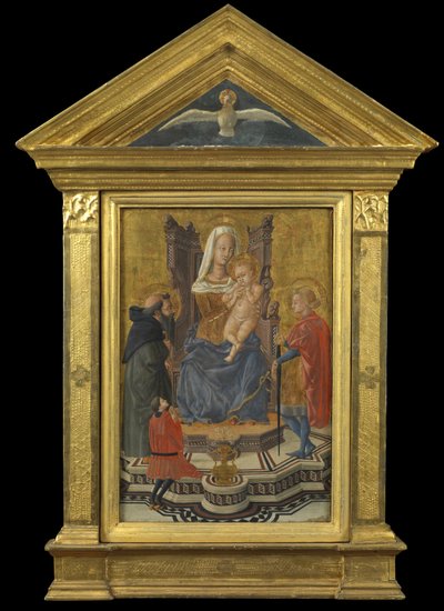 Maagd en Kind op de troon, met heiligen Antonius Abt en Julianus en een schenker (bovenste fronton - Heilige Geest), ca. 1430 door Giovanni Di Ser Giovanni Lo Sheggia (attr. to) Guidi