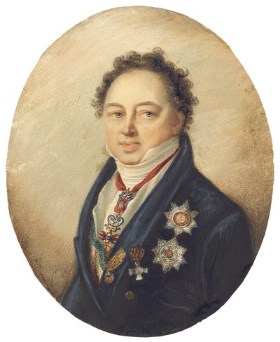 Graaf Dmitry Pavlovich Tatishchev, naar links kijkend in blauwe jas, witte vest en das door Giovanni Domenico Bossi