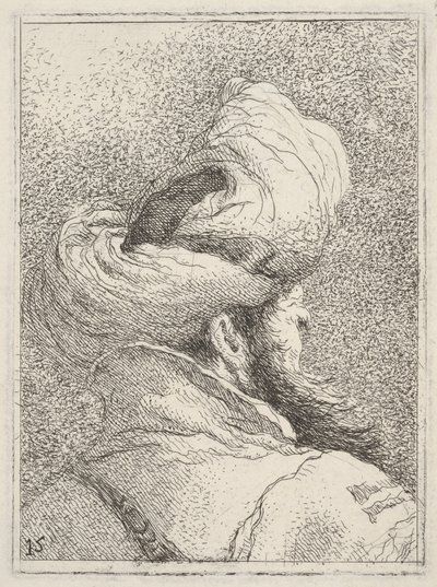 Bebaarde man met tulband, als borststuk van achteren in driekwartaanzicht afgebeeld, uit "Verzameling van hoofden" (Raccolta di teste) door Giovanni Domenico Tiepolo