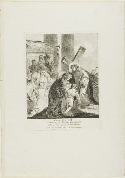Christus troost de wenende vrouwen, plaat acht uit Kruiswegstaties door Giovanni Domenico Tiepolo