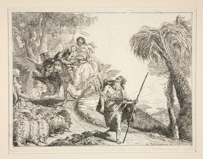 Jozef met de Maagd en Kind, uit de serie Idee pittoresche sopra la fuga in Egitto (Vlucht naar Egypte) door Giovanni Domenico Tiepolo