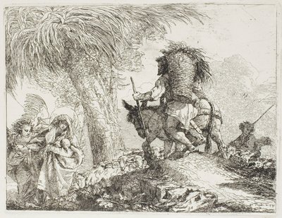 Maria, Geholpen door een Engel, en Jozef die de Mand Draagt, Voorbij een Kudde, plaat 24 uit De Vlucht naar Egypte door Giovanni Domenico Tiepolo