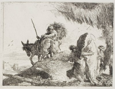 Maria, Ondersteund door Twee Engelen, Volgt Jozef, plaat 26 uit De Vlucht naar Egypte door Giovanni Domenico Tiepolo