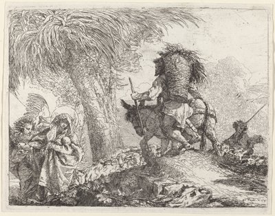 De Vlucht, Jozef Rechts en Maria en Engel Links door Giovanni Domenico Tiepolo