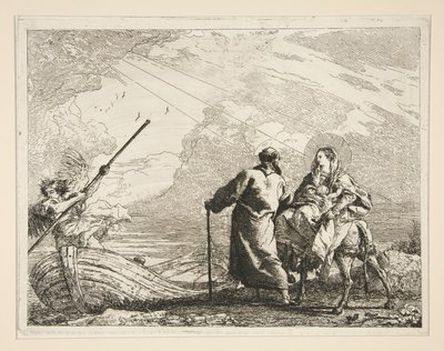 De heilige familie arriveert aan de rand van een rivier, uit de serie Idee pittoresche sopra la fuga in Egitto (Vlucht naar Egypte) door Giovanni Domenico Tiepolo