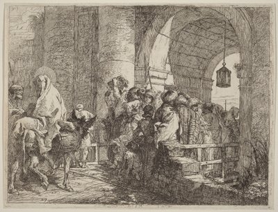 De Heilige Familie komt aan bij een stadspoort door Giovanni Domenico Tiepolo