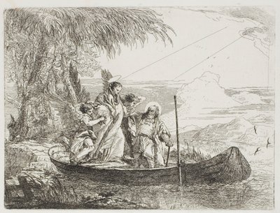 De Heilige Familie gaat aan boord met de hulp van de engelen, plaat zestien uit De vlucht naar Egypte door Giovanni Domenico Tiepolo