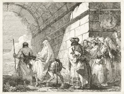 De Heilige Familie passeert onder een stadspoort door Giovanni Domenico Tiepolo