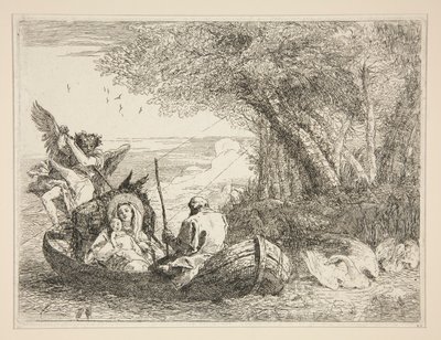 De Heilige Familie Reizend per Boot, uit de serie Idee pittoresche sopra la fuga in Egitto (Vlucht naar Egypte) door Giovanni Domenico Tiepolo