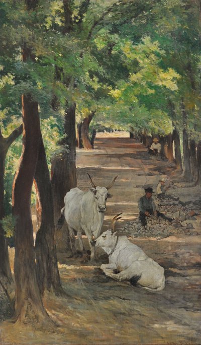 Laan met ossen en steenbrekers, ca. 1875 door Giovanni Fattori
