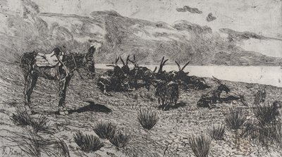 Ezel en geiten aan een kust in de winter door Giovanni Fattori