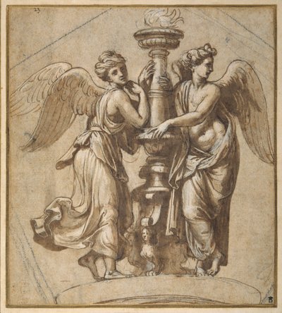 Overwinningen die een kandelaar omarmen door Giovanni Francesco (c.1488 1528) Penni
