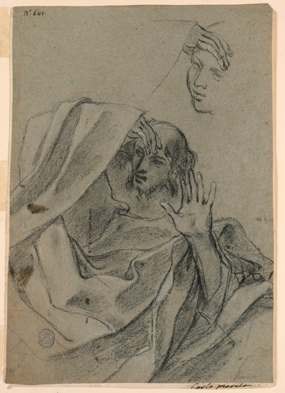 Tekenstudies met Vrouwengezicht en Liggende Man, en Rechterhand met Onderarm door Giovanni Francesco Barbieri
