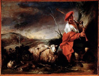 Herder die doedelzak speelt met zijn schapen door Giovanni Francesco Castiglione
