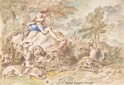 Jonge jager met zijn honden in een landschap door Giovanni Francesco Castiglione