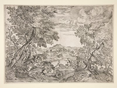 Landschap met Drie Mannen bij een Rivier door Giovanni Francesco Grimaldi