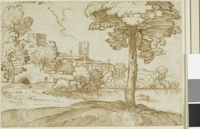 Landschap met een grote boom rechts en een verre blik op een stad links door Giovanni Francesco Grimaldi