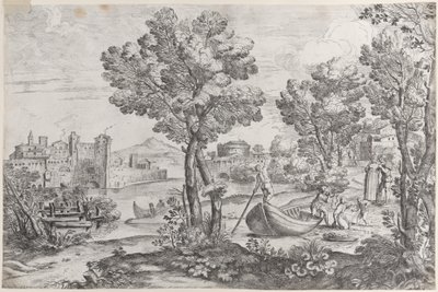 Landschap met een man die een slang vasthoudt voor een doodsbang kind, bekeken door een modieus geklede heer, 1626-80 door Giovanni Francesco Grimaldi