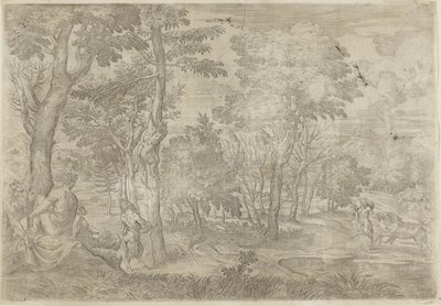 Landschap met nimfen en saters door Giovanni Francesco Grimaldi