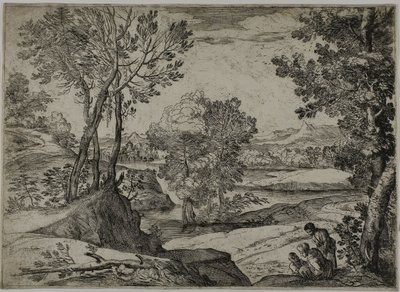 Vrouw, Haar Kind en een Staande Man in een Landschap door Giovanni Francesco Grimaldi