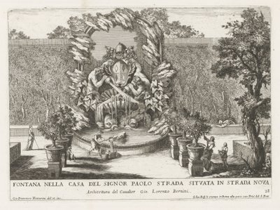 Fontein met een pauselijk wapenschild, twee tritons en dolfijnen Fonteinen in de paleizen en tuinen van Rome door Giovanni Francesco Venturini