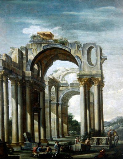 Een Capriccio van Klassieke Ruïnes met Figuren door Giovanni Ghisolfi
