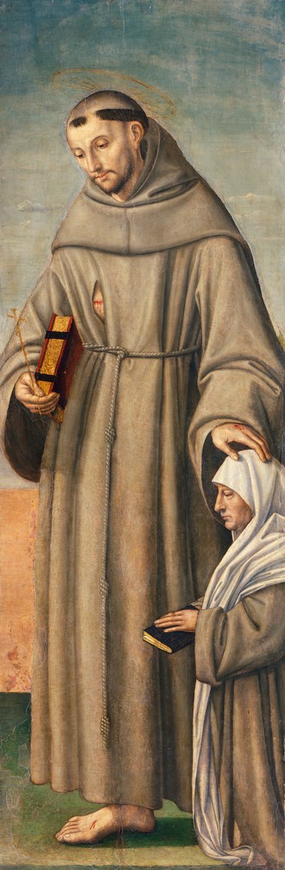 St. Franciscus en Commissaris, scharnier van drieluik die Geboorte met Heiligen Franciscus en Bartholomeus met twee donateurs afbeeldt door Giovanni Girolamo Savoldo