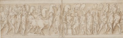 Gevangen vrouwen worden weggevoerd; parade van de lijfwachten; Marcus Aurelius offert bij een altaar; Marcus Aurelius kijkt naar een aanval door Giovanni Guerra