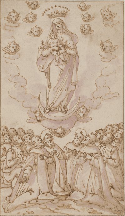Madonna en Kind op een halve maan verschijnen aan een groep heiligen, priesters en leken door Giovanni Guerra