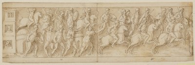 Drie draagstoelen (einde van XLII); de Romeinen vallen de woning van een hoofdman aan (XLIII); de Romeinen marcheren terug naar het kamp (XLIV) door Giovanni Guerra