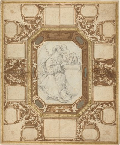Plafond met Allegorische Figuren en de Wapens van Paus Sixtus V; Sint Jozef en het Christuskind door Giovanni Guerra and Domenico Maria Viani